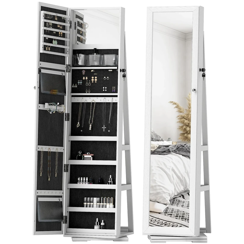HOMCOM 360° Swivel Jewellery Cabinet, Free Standing Full Length Mirror with Storage, Lockable Jewellery Organiser with Built-in Makeup Mirror and Storage Shelves for Bedroom, White