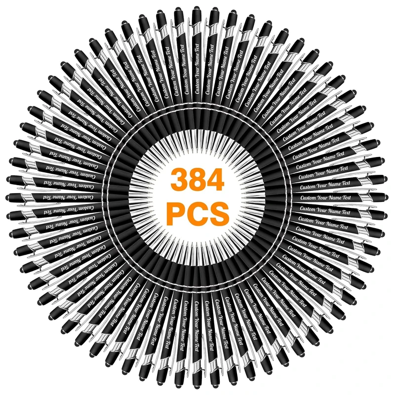 384PCS Personalised Pens Bulk with Name Free Engraving,Custom Ballpoint Pens with Stylus,Engraved Text Message Logo,Customised Gifts for Business,Graduation,Wedding,Birthday,Christmas-Black Ink