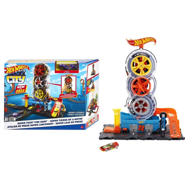 Hot Wheels City Super Twist Tire Shop Playset, Spin the Key to Make Cars Travel Through the Tires, Includes 1 Hot Wheels Car, Gift for Kids 4 to 8 Years Old, HDP02