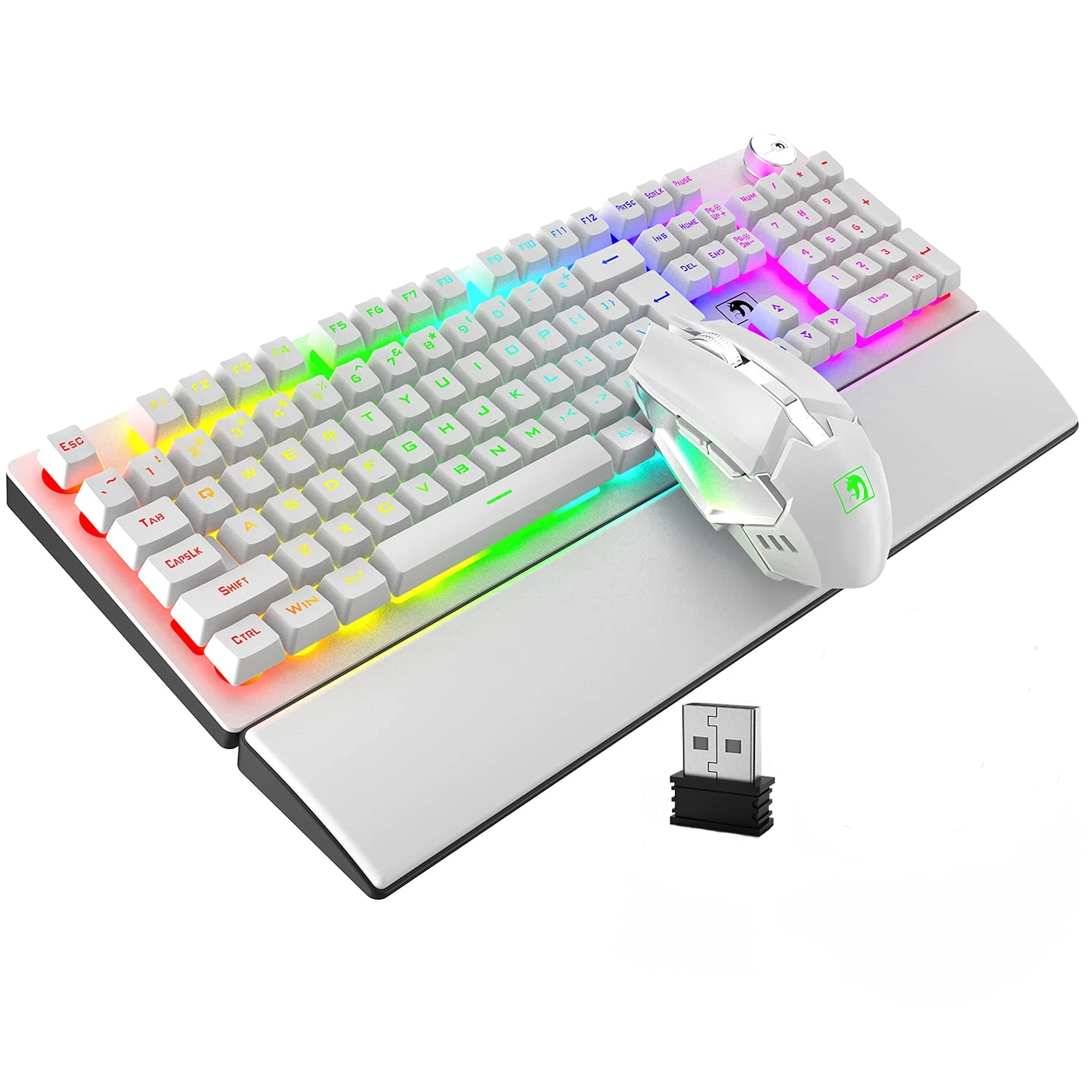 FELiCON Wireless Gaming Keyboard and Mouse Combo Set, with Rest Wrist Support, 4800 mAh 16 RGB Backlit Rechargeable + 7 Color LED Ergonomic Hand Rest, for PC Laptop PS4 XBOX-White