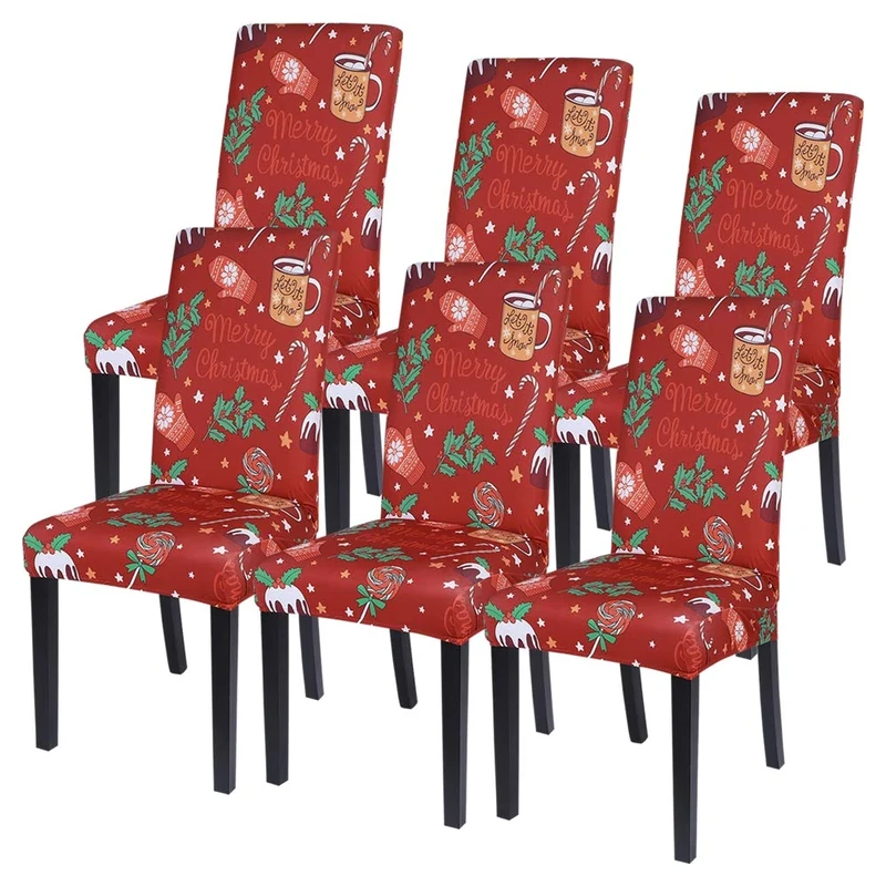 SearchI Christmas Dining Chair Covers Set of 6, Stretch Xmas Parsons Chair Slipcovers Seat Protector Washable Spandex Kitchen Chair Covers for Dining Room,Christmas Decoration,Holiday Party(Red)