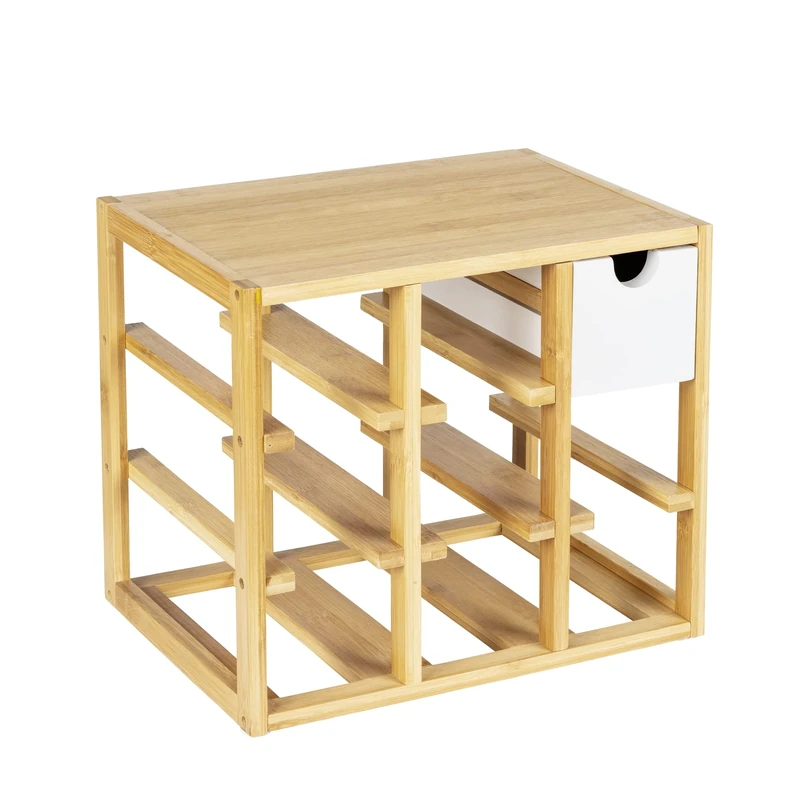 WENKO Wine rack Finja, top-quality rack for up to 8 bottles, with integrated drawer for corkscrew, pourer & serviettes, made of natural bamboo/MDF, 33.5 x 29 x 24 cm, natural/white