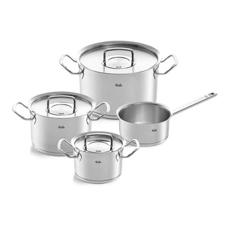 Fissler Original Profi Collection 4-Piece Stainless Steel Saucepan Set with Metal Lids (3 Saucepans and 1 Saucepan Lidless) Induction Silver