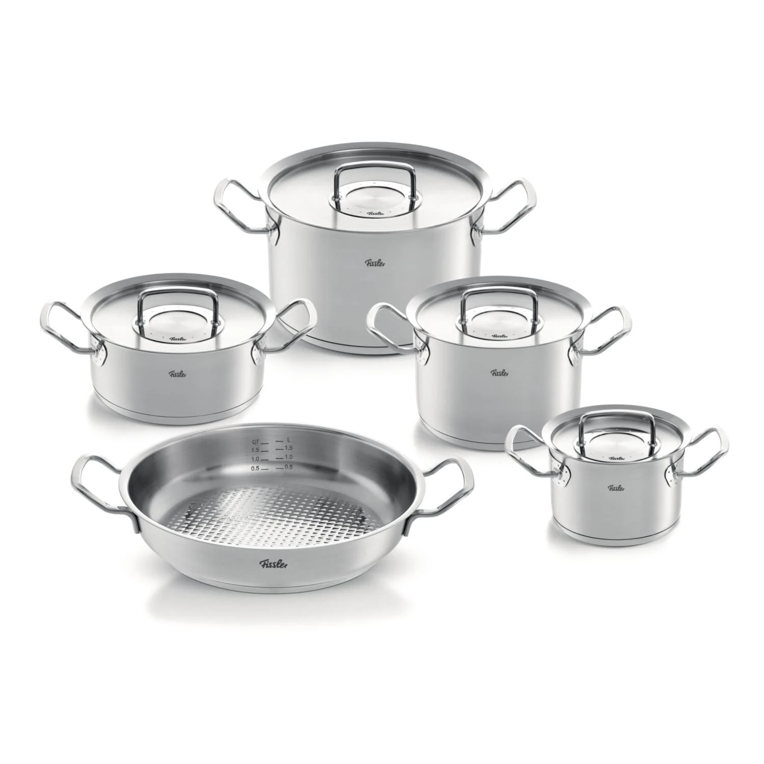 Fissler Original-Profi Collection 5-Piece Stainless Steel Pot Set with Metal Lids (3 Cooking Pots, 1 Stewing Pan, 1 Serving Pan) - Induction,Silver,084-388-05-000/0