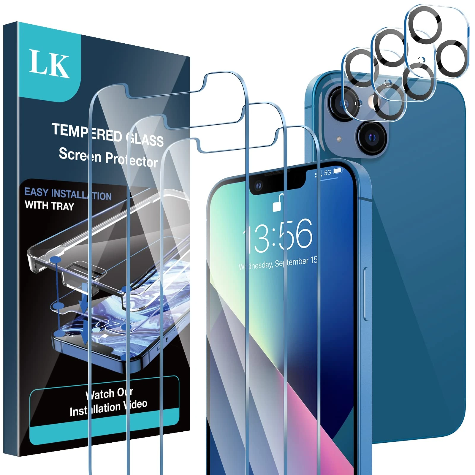 LK 3+3 Pack Screen Protector Compatible for iPhone 13 6.1 inch, Tempered Glass for New iPhone 13 glass screen protector + 3 Pack Camera Lens Protector, Case Friendly, 9H Hardness