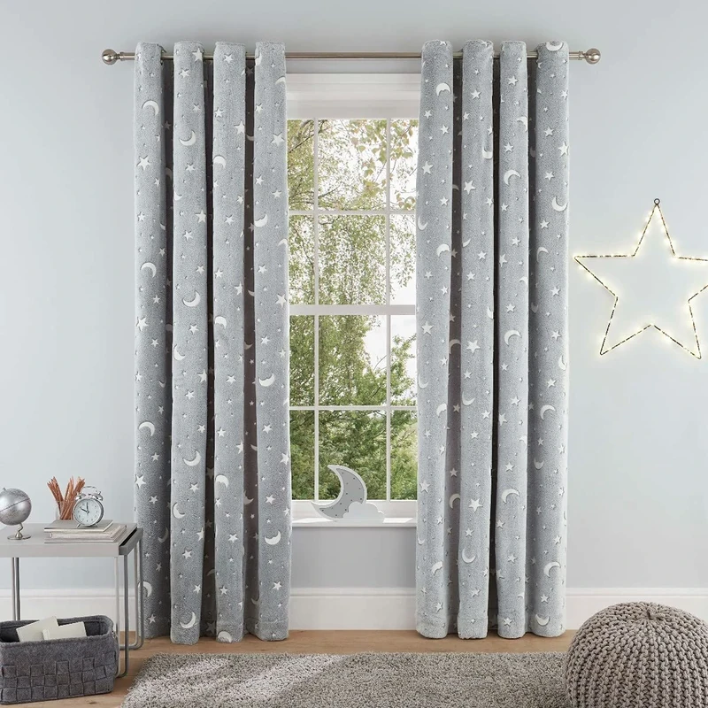 Sleepdown Teddy Fleece Glow in the Dark Super Soft Moon and Stars Eyelet Curtains for Bedroom and Living Room - 66x90 - Grey - 2 Panels