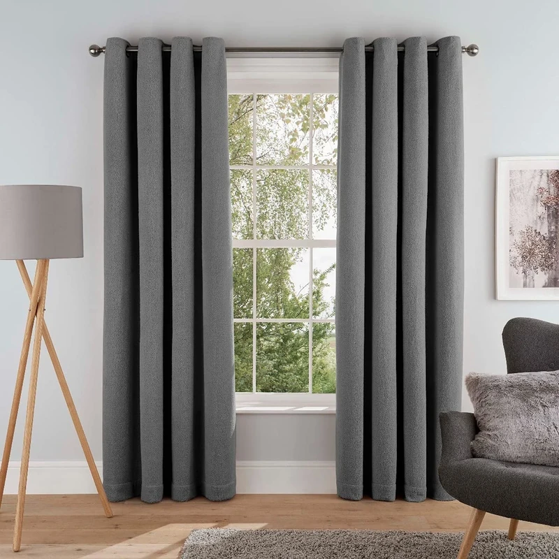 Sleepdown Super Soft Teddy Fleece Eyelet Lined Curtains for Bedroom and Living Room, Grey - 2 Panels, 2 x 90" x 90"
