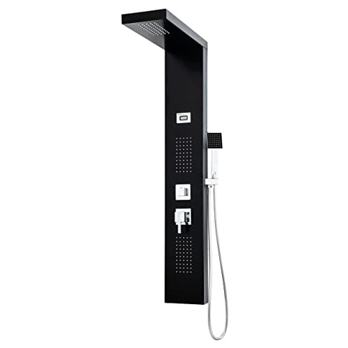Edouard Rousseau - Torquay Hydromassage Shower Column - Anti-Limescale Nubs, Screen with Temperature Display - Flexible 1.5 m - Black