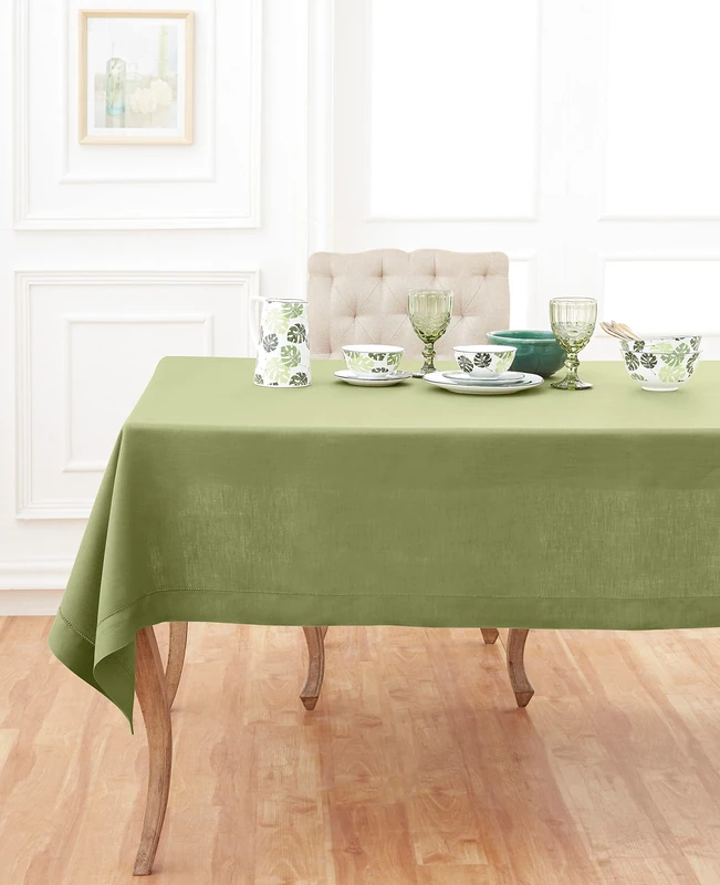 Solino Home 100% Pure Linen Tablecloth Moss Green Hemstitch, 60 x 108 in