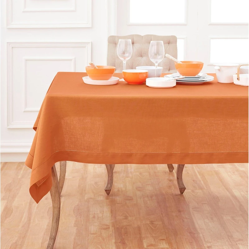 Solino Home 100% Linen Tablecloth Pumpkin, Classic Hemstitch 60 x 90 in