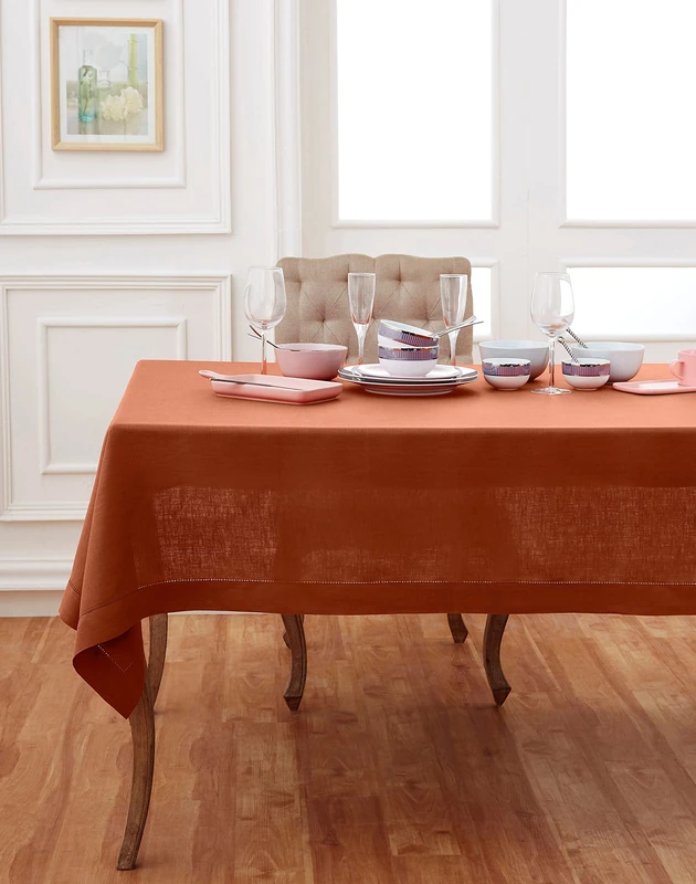 Solino Home 100% Linen Tablecloth Cinnamon, Classic Hemstitch 60 x 120 in