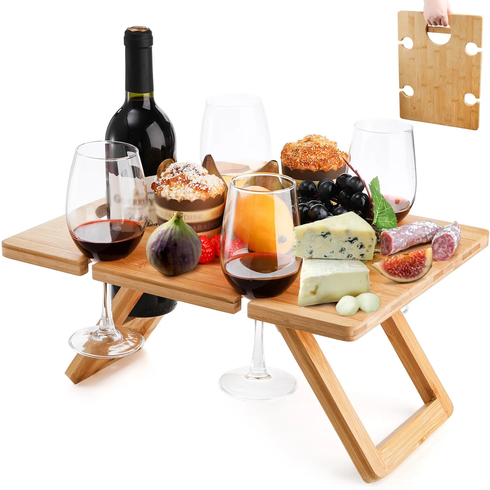YOUEON Portable Wine Picnic Table with 5 Wine Glasses Holder, Foldable Champagne Snack Tables, Beverage and Cheese Table for Picnic, Camping, Park, Beach, Outdoor Lover Gift