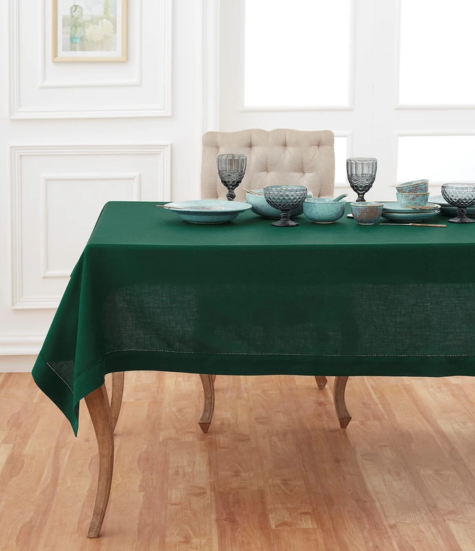 Solino Home Classic Hemstitch Linen Tablecloth - 60 x 108 Inch, Rainforest Green - 100% Pure Linen Rectangle Tablecloth for Dining, Kitchen, Indoor and Outdoor Use