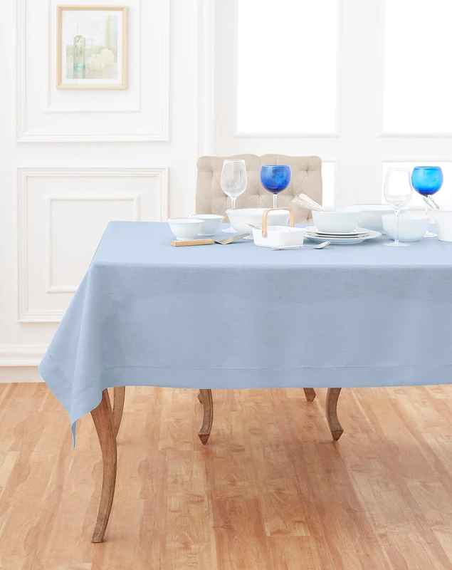 Solino Home Summer Linen Tablecloth – Sky Blue 60 x 108 Inch – 100% Pure Linen Classic Hemstitch Tablecloth for Spring, Dining, Wedding, Indoor, Outdoor, Party – Handcrafted from European Flax