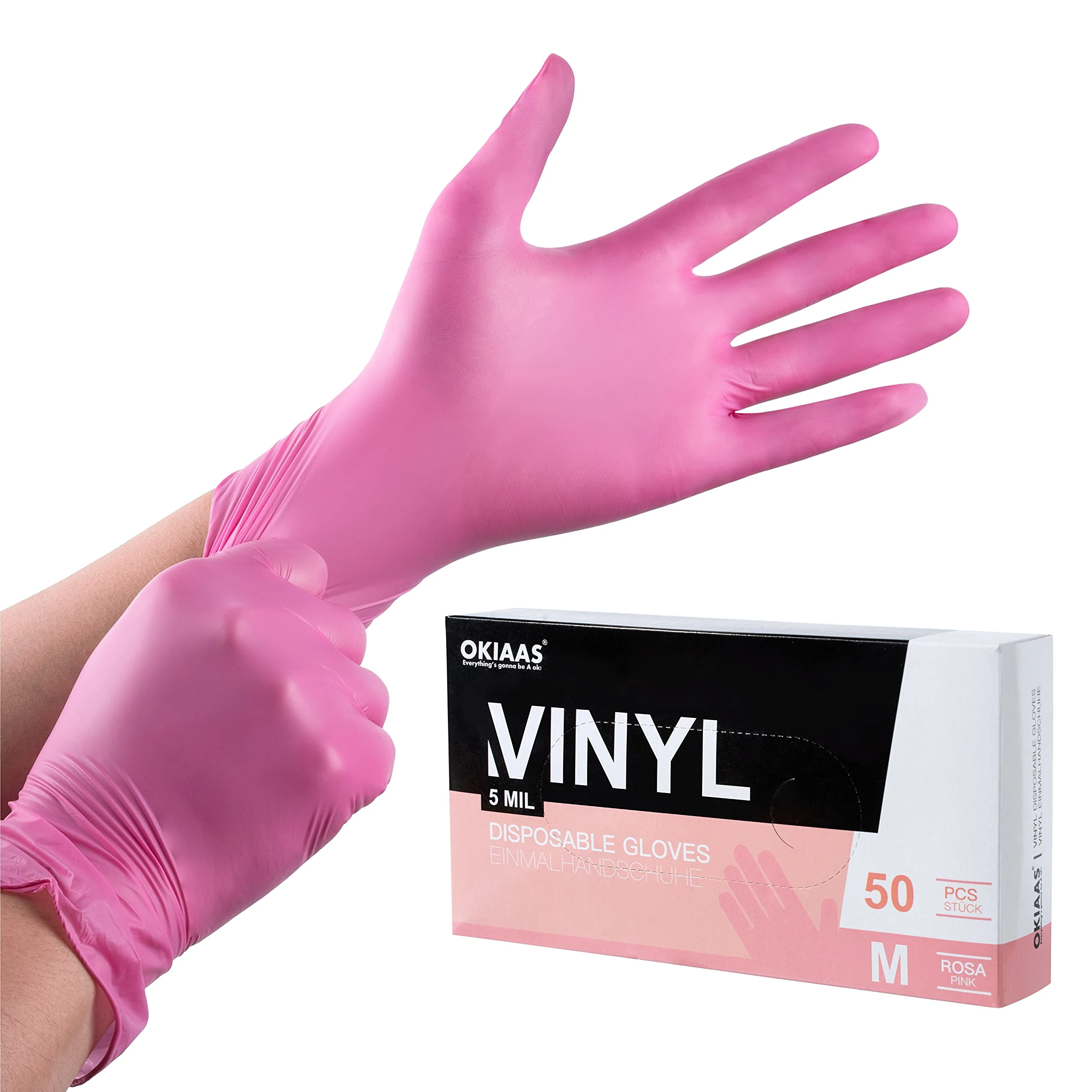 OKIAAS Pink Gloves M|Latex-Free Vinyl Gloves for Household, Food Handling, Lab Work and More|Medium,50 Counts/Box