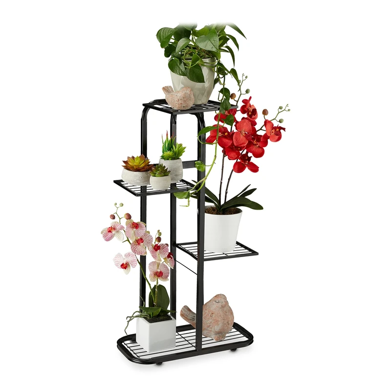 Relaxdays Plant Stand, 4 Shelves, Flower Rack, Indoor, H x W x D: 81 x 44 x 24.5 cm, Metal, Black, Steel