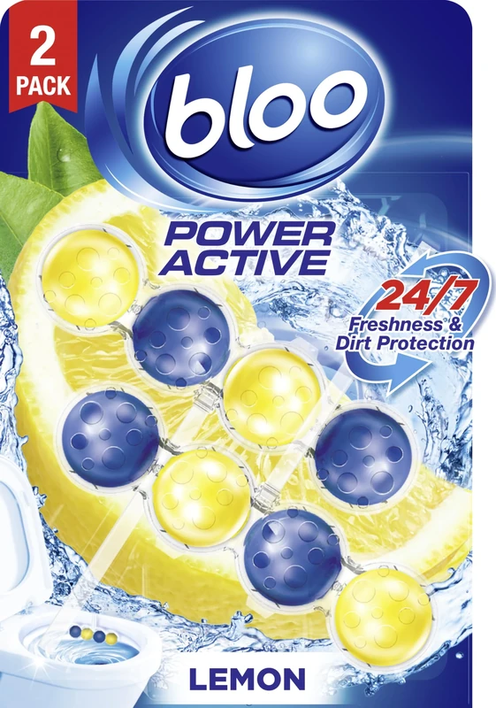 Bloo Power Active Toilet Rim Block Lemon, with Anti-Limescale, Cleaning Foam, Dirt Protection and Extra Freshness - Pack of 2 Rimblocks