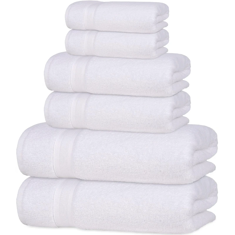 6 Pieces White Towel Set Quick-Dry High Absorbent 100% Turkish Cotton Towels for Bathroom, Pool, Gym, Camp, Travel, College Dorm 2 Bath Towels, 2 Hand Towels and 2 Washcloths (Bath Linen Set, White)