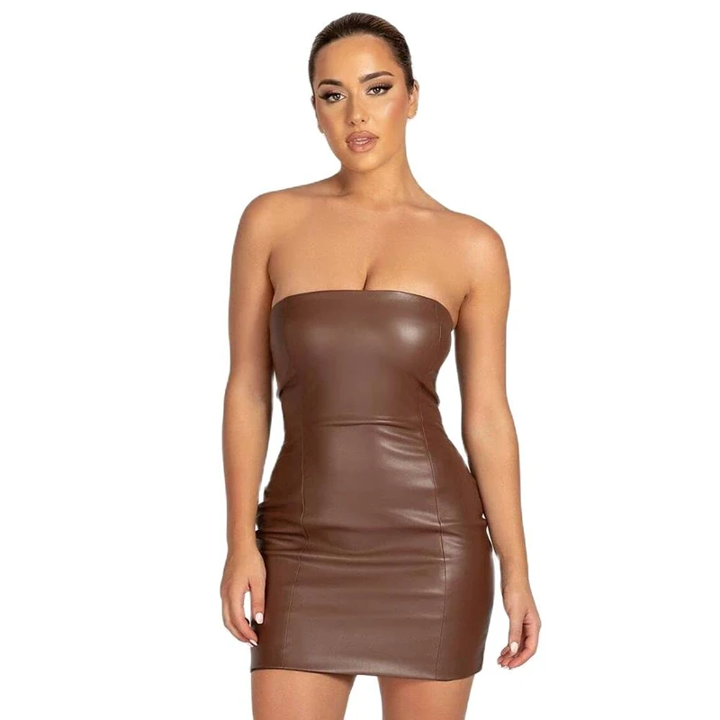 XLLAIS Women PU Leather Strapless Tube Top Minii Dress Bodycon Sexy Party Dresses (Brown1, Small)
