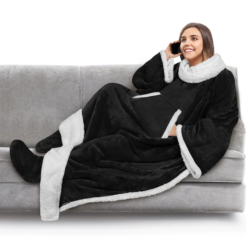 PAVILIA Fleece Blanket with Sleeves and Foot Pockets for Women Men Adult, Wearable Blanket Throw Wrap, Warm Cozy Extra Soft Sleep Hug Blanket with Feet, Gift for Women Mom (Solid Black)
