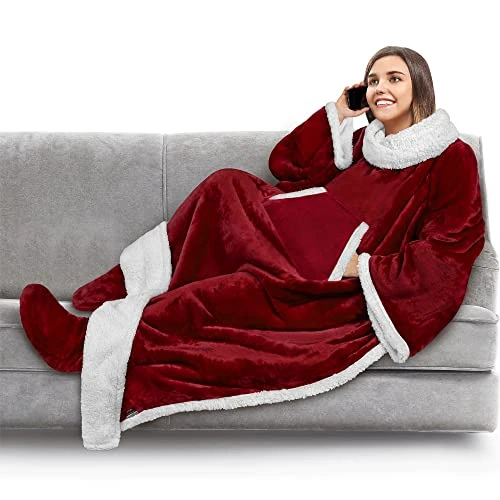 PAVILIA Fleece Blanket with Sleeves and Foot Pockets for Women Men Adult, Wearable Blanket Throw Wrap, Warm Cozy Extra Soft Sleep Hug Blanket with Feet, Gift for Women Mom (Burgundy Red)