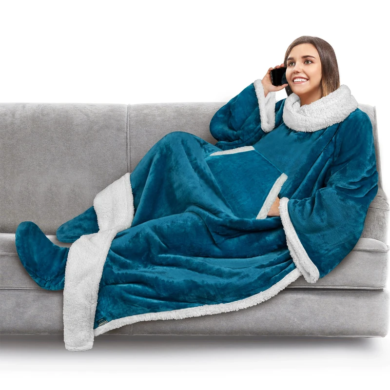 PAVILIA Fleece Blanket with Sleeves and Foot Pockets for Women Men Adults, Wearable Blanket Sleeved Throw Wrap, Plush Hug Sleep Pod Snuggle Blanket Robe, Cozy Gift Ideas Wife Mom, Teal Blue