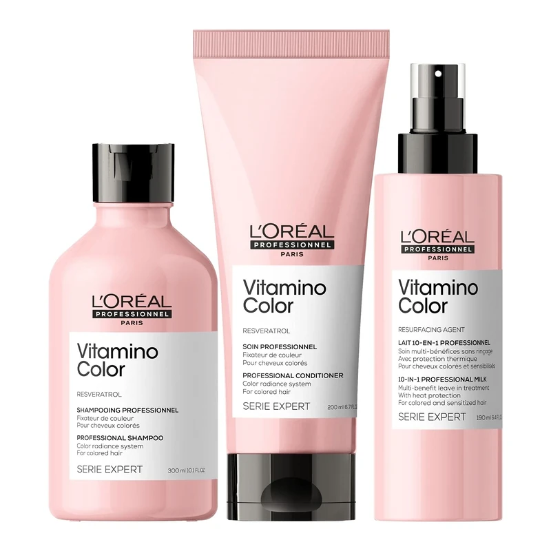 L’Oréal Professionnel Vitamino Color Shampoo, Conditioner & Multi-Benefit Leave-In Treatment Colour Protection and Shinier Hair Heat Protection For Coloured Hair 300ml, 200ml, 190ml