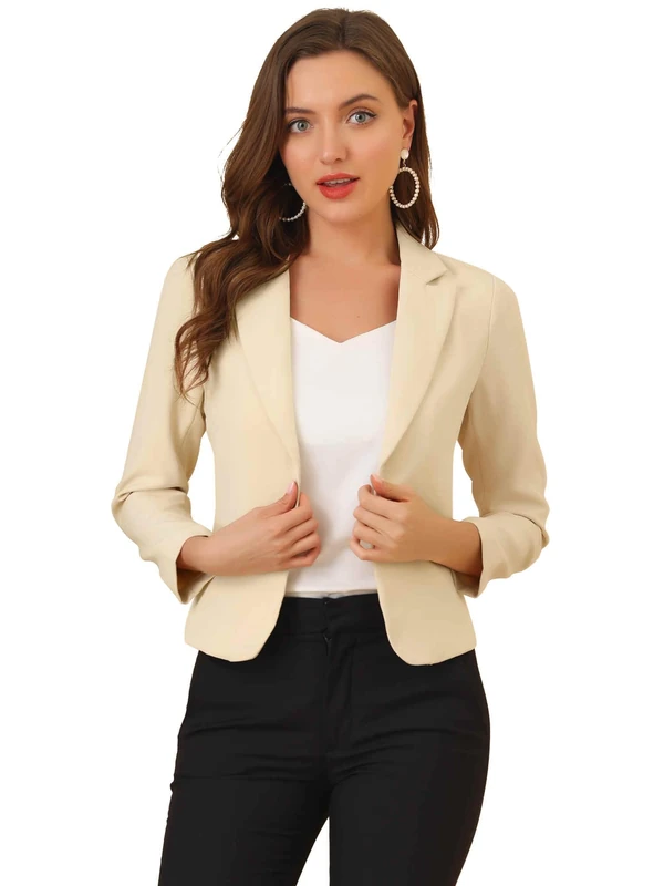 Allegra K Women's Open Front Office Work Business Crop Suit Blazer Jacket Beige-Solid Large, Beige-Solid, L