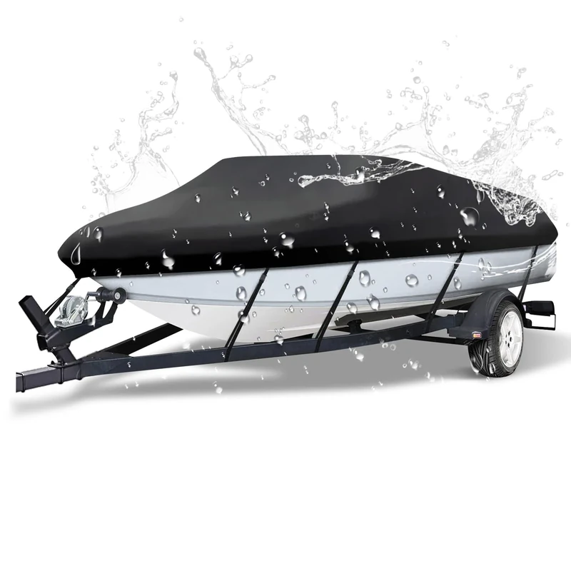 NEVERLAND Trailerable Boat Cover Waterproof Heavy Duty Marine Grade Polyester Canvas Fits V Shape/V-Hull and Tri-Hull Runabouts, Pro-STYL, Bass Boats (Boat Length 20-22ft, Beam Width up to 102",Black)