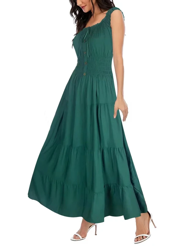 OSTOO Women's 2025 Summer Boho Floral Print Tiered Casual Flowy Long Maxi Dress, Dark Green, M