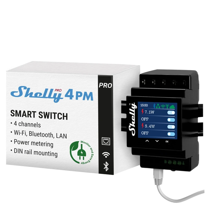Shelly Pro 4PM, Wi-Fi 4 Channel Smart Relay With Power Metering, Max 40A, Home Automation, Compatible with Alexa & Google Home, iOS Android App, No Hub Required, Remote Control and Monitoring
