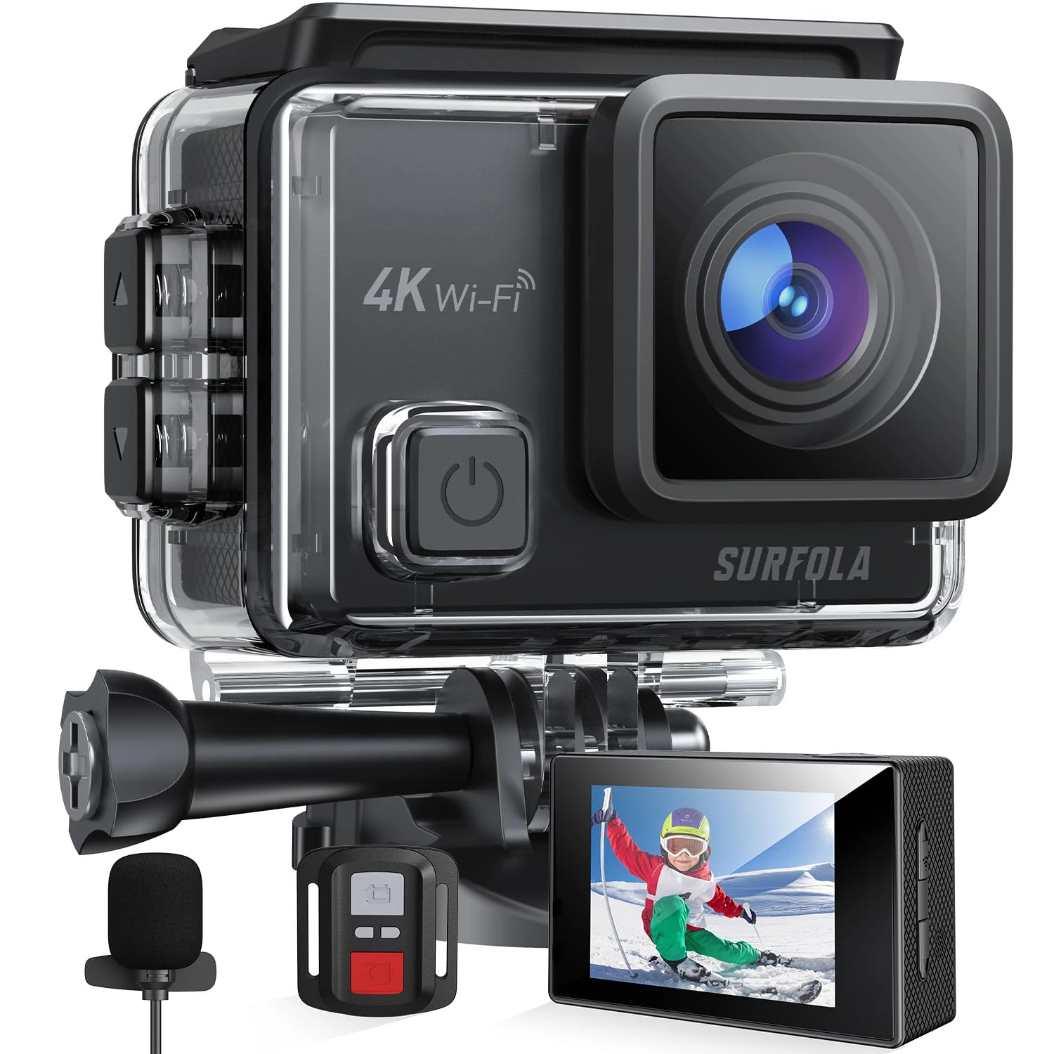 Surfola Action Camera 4K 30fps, Underwater Camera 131ft Waterproof for Snorkeling, 20MP WiFi EIS Camera for Vlogging, External Mic, 2 Rechargeable Batteries, Remote Control, Accessories Kit