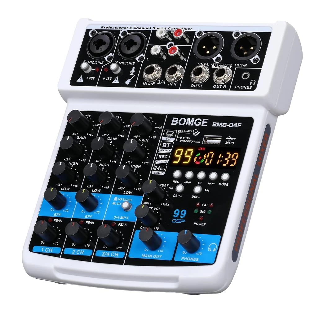 BOMGE-04F 4 channel dj audio sound mixer with MP3/USB Bluetooth, stereo record/48V /24 DSP Echo effects for Live broadcast, karaoke, performance, church singing and music production (white-4f)