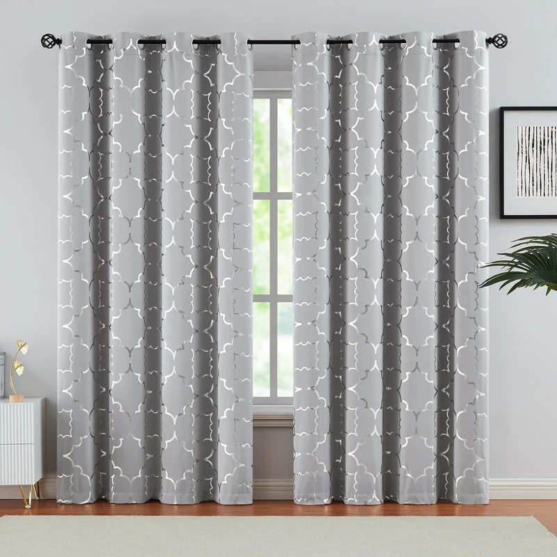 Purainbow Foil Silver Blackout Window Curtains for Bedroom Living Room 95inch Long Modern Metallic Print Thermal Insulated Drapes Privacy Protection Window Treatment Sets Grommet Top, 2 Panels, Grey