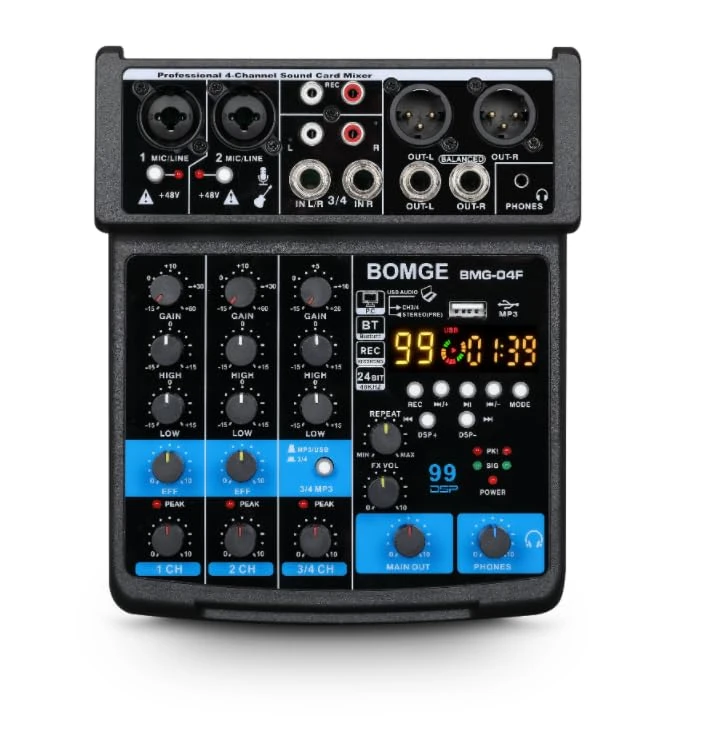 BOMGE 4 Channel mini DJ Audio Sound Mixer Interface with MP3 USB Bluetooth Stereo Recording 48V Phantom Power 99 DSP for karaoke, performance, church singing podcas streaming