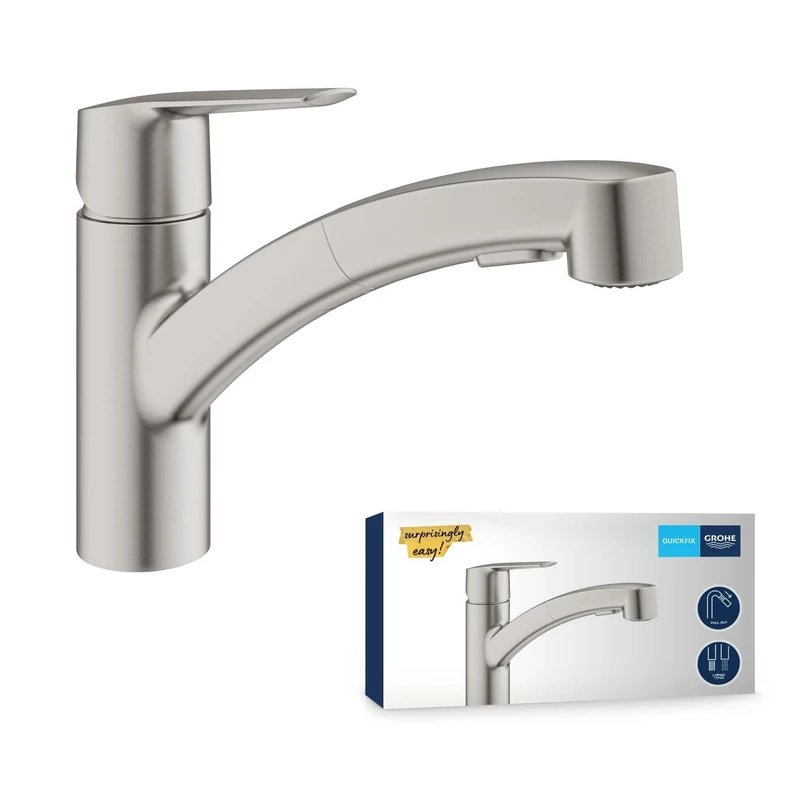 GROHE QUICKFIX Start - Kitchen Sink Pull-Out Dual Spray Tap Single-Lever Mixer (Low Spout with 90° Swivel Area, 1 Hole Easy Install with QuickMount, Tails 3/8 Inch, Min. 1.0 bar), Supersteel, 30531DC1