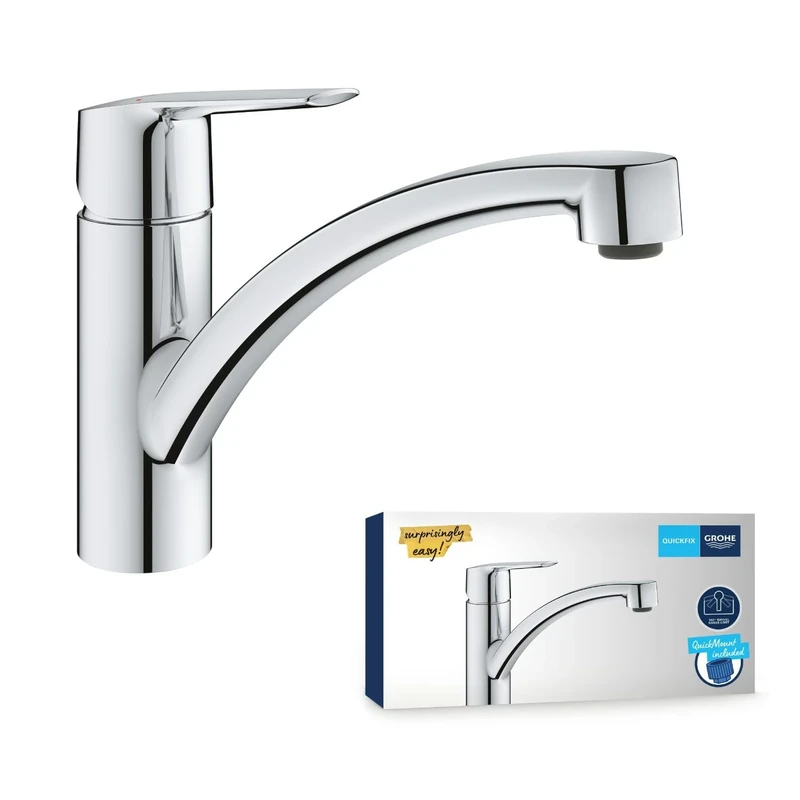 GROHE QUICKFIX Start - Kitchen Sink Mixer Tap (Low Spout with 140° Swivel Area, 35 mm Ceramic Cartridge, 1 Hole Easy to Install, Min. Recommended Pressure 1.0 bar, Tails 3/8 Inch), Chrome, 30530002