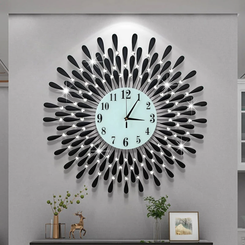 FMTAD Large Wall Clock Non-Ticking Silent Modern Metal Big Clocks Decorative Wall Clocks for Living Room Dining Room Bedroom Decor, Dia 27.6 Inch Black