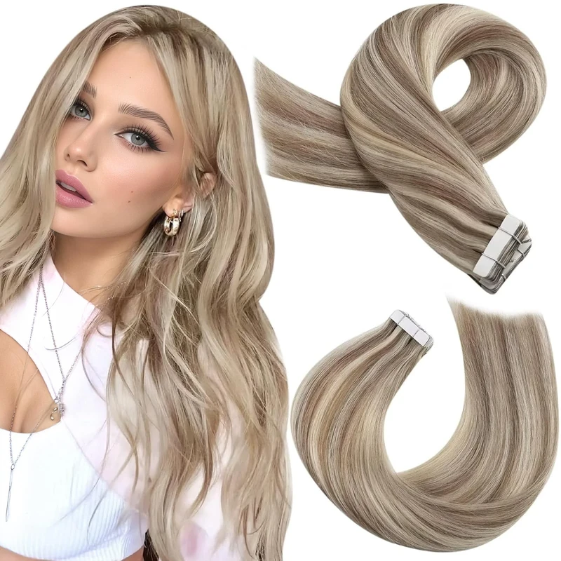 Moresoo Tape in Human Hair Extensions Highlight Blonde Human Hair Extensions Tape in 22 Inch 20 Pieces/50g Remy Hair Light Brown with Platinum Blonde #P9A/60