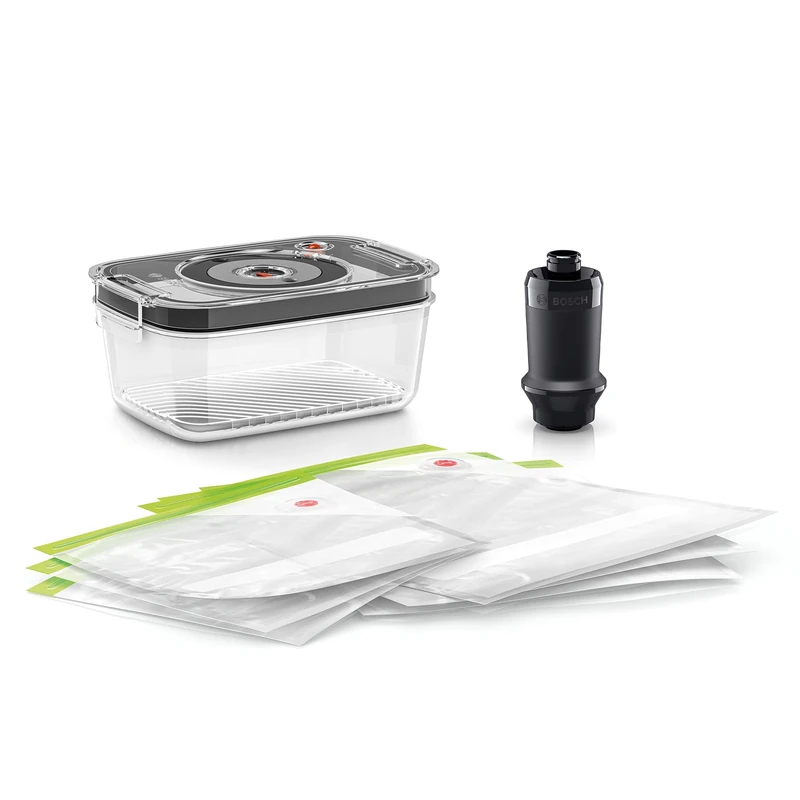 Bosch Hausgeräte Bosch MSZV6FSG1 Vacuum Food Storage Set, Vacuum Pump, 1.2 L Vacuum Glass Container, Vacuum Zip Bag (3 x 1.2 L and 3.8 L), Temperature-Resistant Borosilicate Glass, BPA-Free, Dishwasher Safe