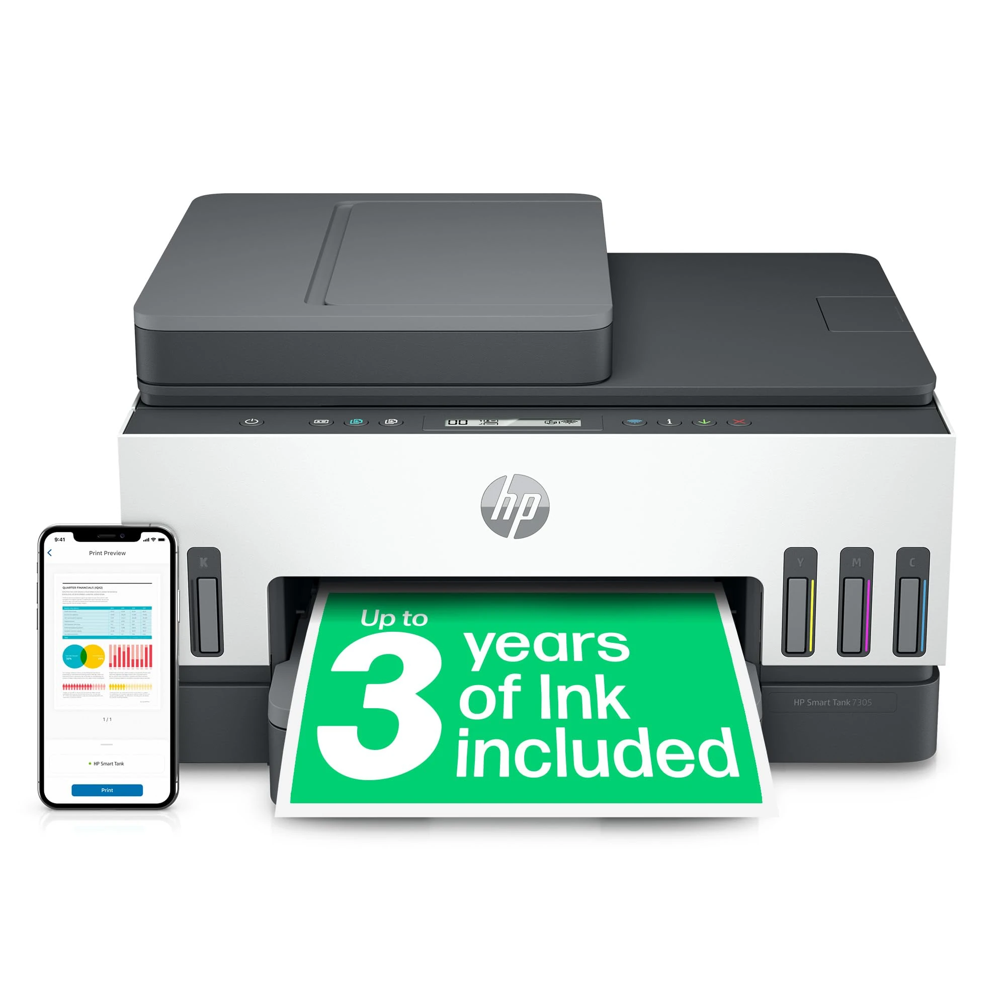 HP Smart Tank 7305 All in One Printer | Perfect for Home | Colour | Wireless | Print, Scan, Copy | Includes up to 3 Years of Ink | Refillable | Document Feeder | 2-Sided Printing | Easy Setup