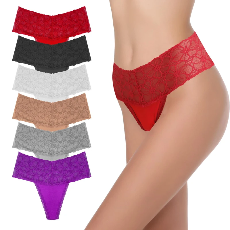 GAREDOB High Waisted Thong Underwear Tummy Control Panties Cotton Lace Thongs Size S-4XL, 6 Pack-3, S