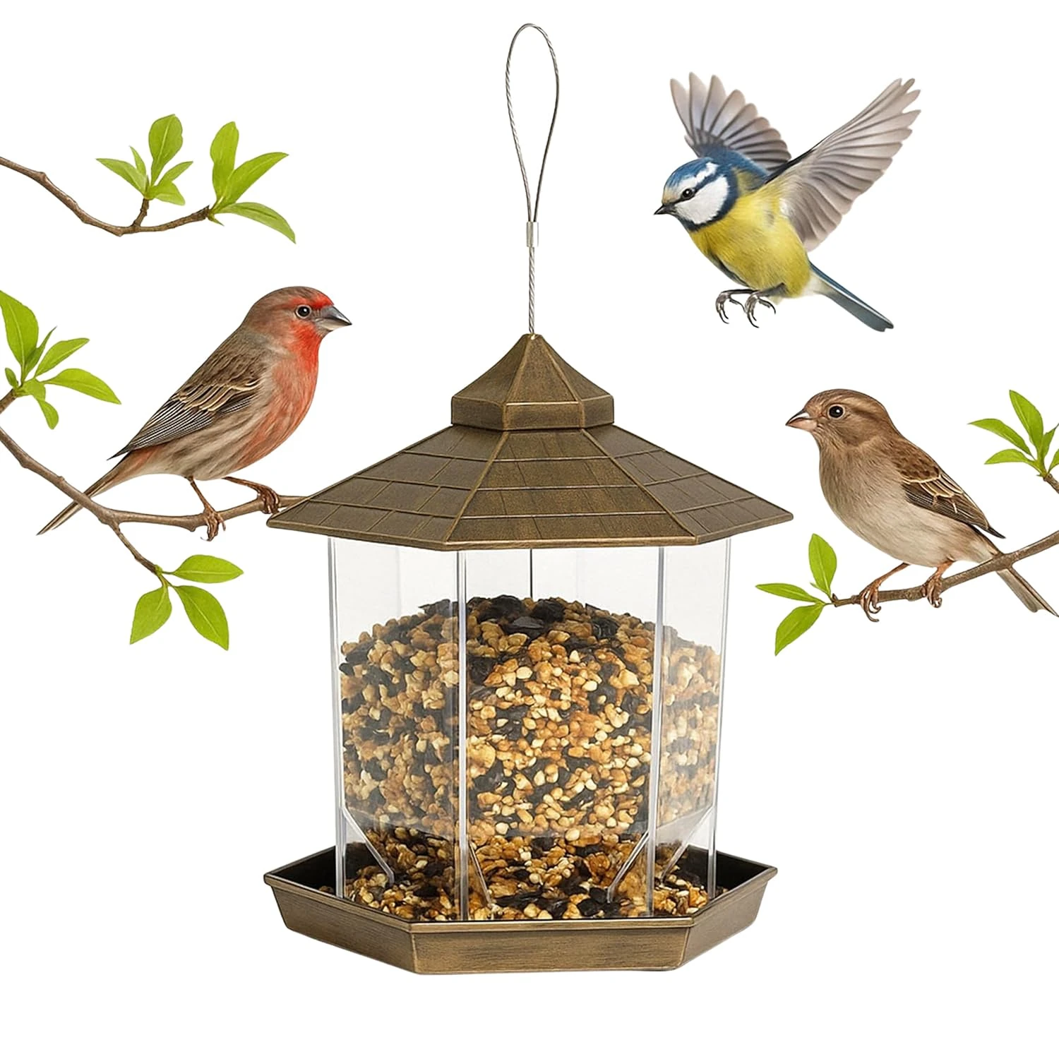 GloBrite Bird Feeder Garden Ornament - Bird Seed Feeder - Hanging Bird Feeder - All Weather Bird Feeders Hanging Feeding Station for Wild Birds, Hexagon Shaped with Roof for Outdoor Yard Decoration