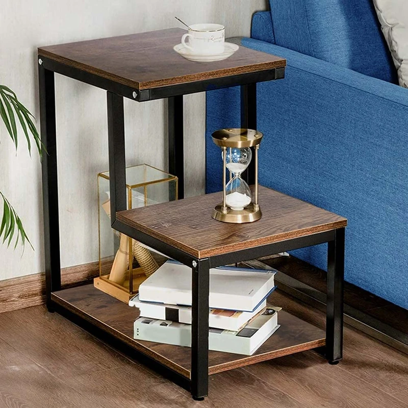 BAKAJI HMCT-8 Bookcase Shelf 3 Shelves Metal and MDF Wood Coffee Side Coffee Table Sofa Modern Design Industrial Iron, Brown, Unica - Image 1