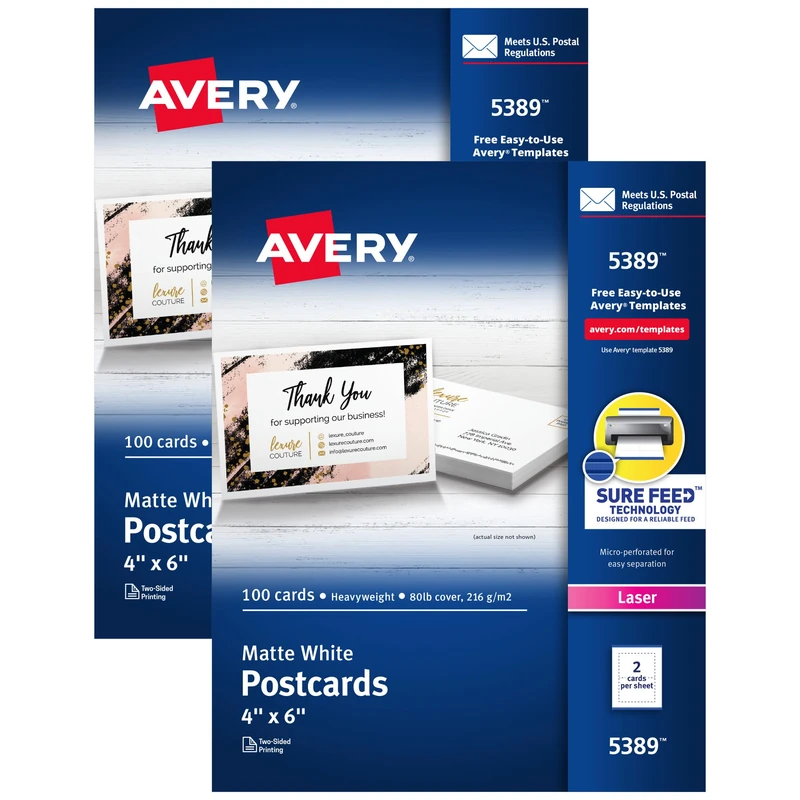 Avery Printable Postcards with Sure Feed Technology, 4" x 6", White, 2 Packs, 100 Cards per Pack, 200 Blank Postcards for Laser Printers Total (15389) - Image 1