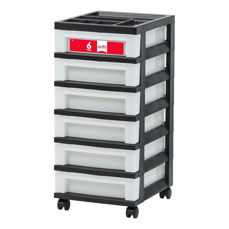 IRIS USA Craft Plastic Organizers and Storage, Rolling Storage Cart for Classroom Supplies, Storage Organizer for Art Supplies, Drawer Top Organizer for Small Parts, 6 Drawer, Black/Pearl