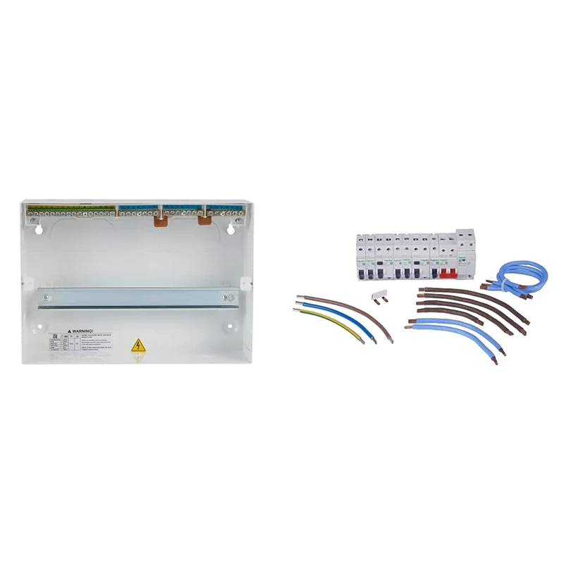 Schneider Electric Easy9 Compact Consumer Unit EZ9E12MCCU 12 way, Kit 1 c/w MCB's 2x 6A, 32A, 100A RCCB, 100A Main Switch, SPD & 20A MCB, 4x Phase & 5x Neutral Cables