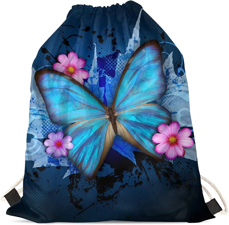 Jeiento Blue Butterfly Drawstring Backpack Gympack String Sack for Women Girl Waterproof Polyester Cinch Bag For Beach Shopping Gym