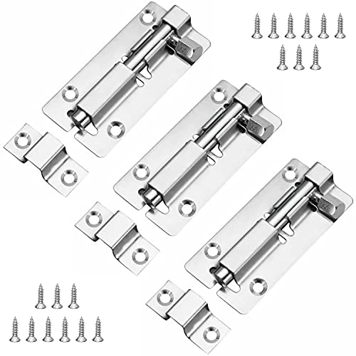 JelKen 3 Pack Door Lock Bolts 3"(75mm), 304 Stainless Steel Door Latch Slide Bolts Lock with Screws for Bathroom Bedroom Shed Garden Toilet, 3 Inch