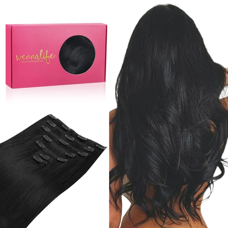 WENNALIFE Clip In Hair Extensions, 14 Inch 120g 7pcs Jet Black Real Human Remy Hair